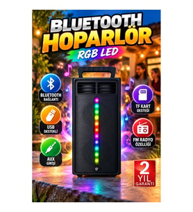 RGB Işıklı Şarjlı Bluetooth Hoparlör – USB, AUX, TF Kart ve Radyo Destekli