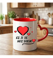 Kürtçe Ez Ji Te Hez Dikim Yazılı Kırmızı Renkli Kalp Kupa Bardağı - Ez Ji Te Hez Dikim Kalp Kupa Bardak (Beyaz)