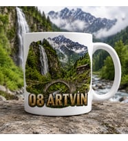 Artvin Temalı Memleket Kupası – 08 Artvin Şelale Taş Köprü Yayla Evi ve Dağ Manzarası Baskılı Seramik Kupa