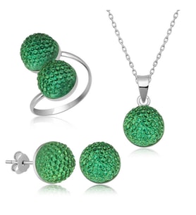 925 Ayar Gümüş Yeşil Kristal Taşlı Ayarlanabilir Kadın Set