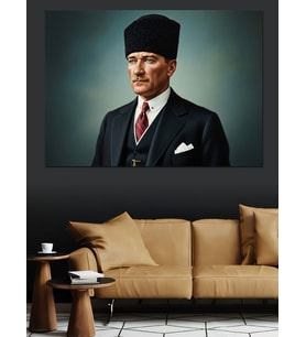 Kalpak Başlıklı Mustafa Kemal Atatürk  Dekoratif Kanvas - Mdf Ahşap Tablo
