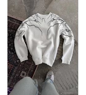 Yıldırım Baskılı Bisiklet Yaka SweatShirt - Beyaz