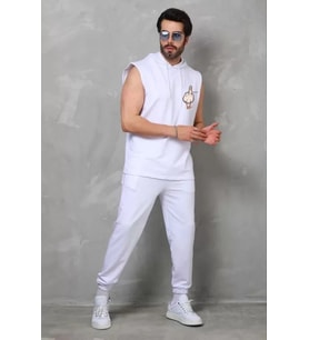 Unisex Kapşonlu Kolsuz Oversize Baskılı Tişört - Beyaz