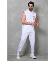Unisex Kapşonlu Kolsuz Oversize Baskılı Tişört - Beyaz