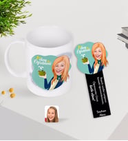 BK Gift Kişiye Özel Kadın Sınıf Öğretmeni Karikatürlü Kupa Bardak ve Ahşap Kitap Ayracı-1