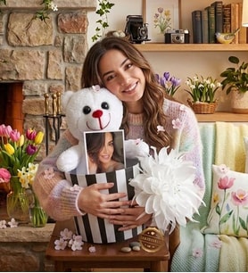Kişiye Özel Fotoğraflı Silindir Kutulu Peluş Ayıcık Buketi