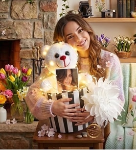 Kişiye Özel Led Fotoğraflı Silindir Kutulu Peluş Ayıcık Buketi