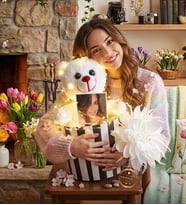 Kişiye Özel Led Fotoğraflı Silindir Kutulu Peluş Ayıcık Buketi