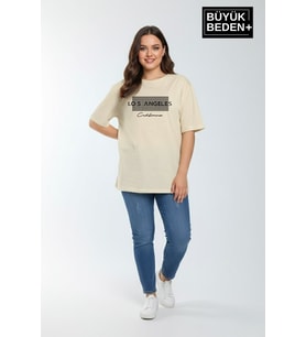 Kadın Büyük Beden Los Angeles Baskılı 3xl-6xl Bisiklet Yaka Tshırt SPR26BTSK510-18