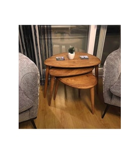 FAVdecor Masif Doğal Ahşap Yağlı Zigon Sehpa 3'lü Set, Ceviz Orta Yüzyıl Modern Yan Sehpa