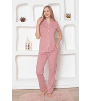 Monox Kadın Önden Düğmeli Kısa Kol Likralı Çizgili Gömlek Pijama Takımı (Kırmızı)