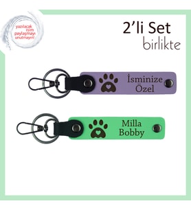 Kedi İsimli Yazılabilir Kalpli Pati Anahtarlık, Sevgiliye Özel Hediyelik Set, Mor Menekşe-F Yeşil