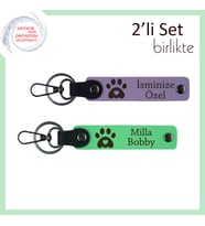 Kedi İsimli Yazılabilir Kalpli Pati Anahtarlık, Sevgiliye Özel Hediyelik Set, Mor Menekşe-F Yeşil