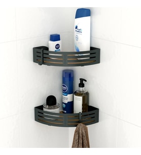 TEKNOTEL PASLANMAZ KANCALI BANYO KÖŞE RAFI SİYAH + AHŞAP DESENLİ TABAN BK269H