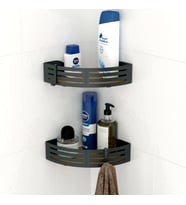 TEKNOTEL PASLANMAZ KANCALI BANYO KÖŞE RAFI SİYAH + AHŞAP DESENLİ TABAN BK269H
