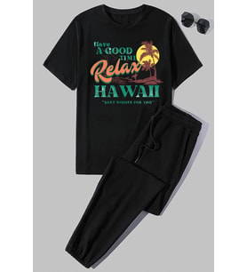 Unisex Hawaii Baskılı 2'li Eşofman Takımı (Siyah)