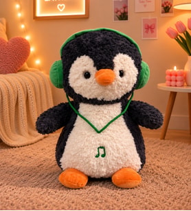 Kulaklıklı Müzik Dinleyen Penguen Peluş - Büyük Boy 50 cm