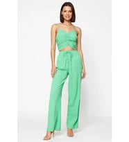 Kadın Büyük Beden İnce Askılı Kalp Yaka Büzgülü Crop Top Uzun Pantolon Plaj Takımı Günlük Rahat