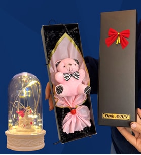 Kişiye Özel İsimli Kutuda Pembe Peluş Ayıcık ve Led Işıklı Biblolu Fanus (Model 1)