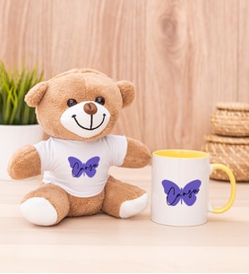 Kişiye Özel Kadına Hediye Kelebek Tasarım İsimli Peluş Ayı ve Sarı Kupa