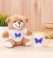 Kişiye Özel Kadına Hediye Kelebek Tasarım İsimli Peluş Ayı ve Sarı Kupa