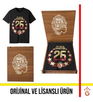 Galatasaray Lisanslı 2026 Şampiyonluğu Siyah T-Shirt Aslan Ahşap Kutulu