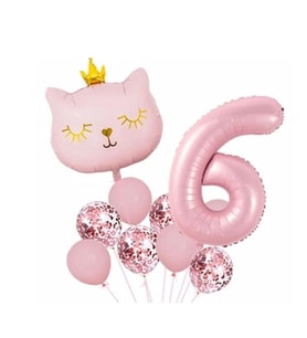 Taçlı Pembe Kedi 6 Yaş Folyo Balon Set