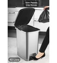 40 Litre Slim Pedallı Gri Çöp Kovası, Siyah Kapaklı, Banyo ve Mutfak için