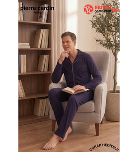 Pierre Cardin Premium Erkek %100 Pamuklu Klasik Yaka Rahat Kalıp Düğmeli Uzun Kollu Kutulu Çeyizlik Pijama Takım