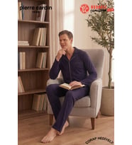 Pierre Cardin Premium Erkek %100 Pamuklu Klasik Yaka Rahat Kalıp Düğmeli Uzun Kollu Kutulu Çeyizlik Pijama Takım