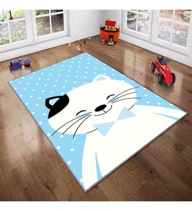 Mavi Bebek Kedi Desenli Yıkanabilir Kaymaz Taban Leke TutmazBebek ve Çocuk Odası Halısı (Beyaz)