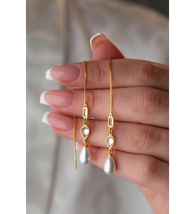 925 Ayar Gümüş Gold Sallantılı İncili 2 Element Zincir Küpe
