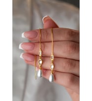 925 Ayar Gümüş Gold Sallantılı İncili 2 Element Zincir Küpe