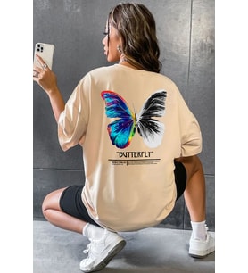 Unisex Butterfly Baskılı T-shirt (Bej)