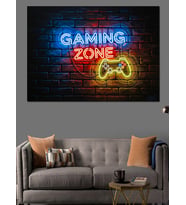 Neon Işıklı Gaming Zone Dekoratif Kanvas - Mdf Ahşap Tablo