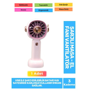 Sessiz 3 Kademeli Hafif Kablosuz 1200mAh Pervaneli Taşınabilir Usb Şarjlı Masa El Fanı Vantilatör