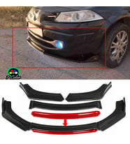 Renault Megane Mk2 Kırmızı Renkli Şeritli Dilli Ön Lip 4 Prç Parlak Siyah ABS 2002 - 2009