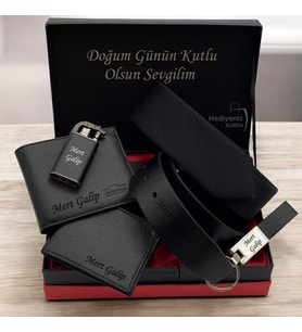 Hemen Kargo Kişiye Özel Lüks Erkek Hediye Seti Hakiki Deri Kartlık, Cüzdan, Kemer, Çakmak, Anahtarlık, Kravat