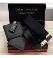 Hemen Kargo Kişiye Özel Lüks Erkek Hediye Seti Hakiki Deri Kartlık, Cüzdan, Kemer, Çakmak, Anahtarlık, Kravat