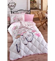 Clasy %100 Pamuk Tek Kişilik Uyku Seti (Lastikli Çarşaflı) Paris Love V1 Pudra