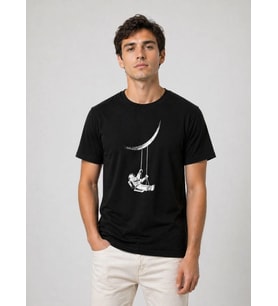 Erkek Astronot Ay Temalı Tişört Kısa Kol Yazlık Bisiklet Yaka T-Shirt - Siyah