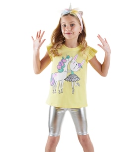 Unicorn Kız Çocuk T-shirt Metalik Tayt Takım (Sarı)