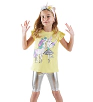 Unicorn Kız Çocuk T-shirt Metalik Tayt Takım (Sarı)