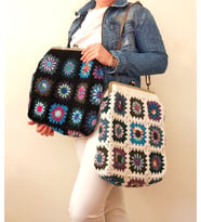 Motifli Örgü Retro Çanta, Hediyelik El Yapımı Büyük Omuz Çantaları,  Vintage Görünümlü Şık Tote Çantalar, Kemzey Handmade Çanta (Siyah)