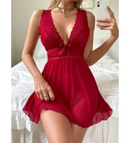 Arias Closet Kırmızı Dantel İşlemeli Tül Fantezi Gecelik