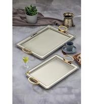 Cooker CKR3909 Dikdörtgen Gold Kulplu Gümüş Tepsi 2'li (Gümüş - Altın)