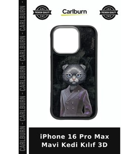 iPhone 16 Pro Max Mavi Kedi Kılıf 3D Cep Kapağı Şık Kapak Telefon Koruyucu
