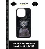 iPhone 16 Pro Max Mavi Kedi Kılıf 3D Cep Kapağı Şık Kapak Telefon Koruyucu