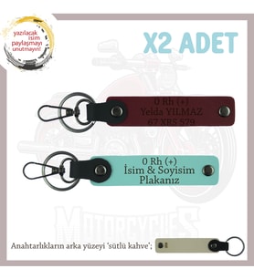 Motor Tutkunlarına Özel İsim Plaka, 0+ Kan Grubu Yazılı Özel Üretim x2 Anahtarlık, Turkuaz-Bordo-SK (Çok Renkli)