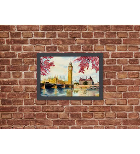 Ahşap Kendinden Çerçeveli Tablo - Big Ben Saat Kulesi, Nehir Teması, Standart - 20x28cm (Çok Renkli)